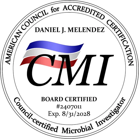 American Council for Accredited Certification board-certified seal issued to Daniel J. Melendez, Council-certified Microbial Investigator, certification number 2407011