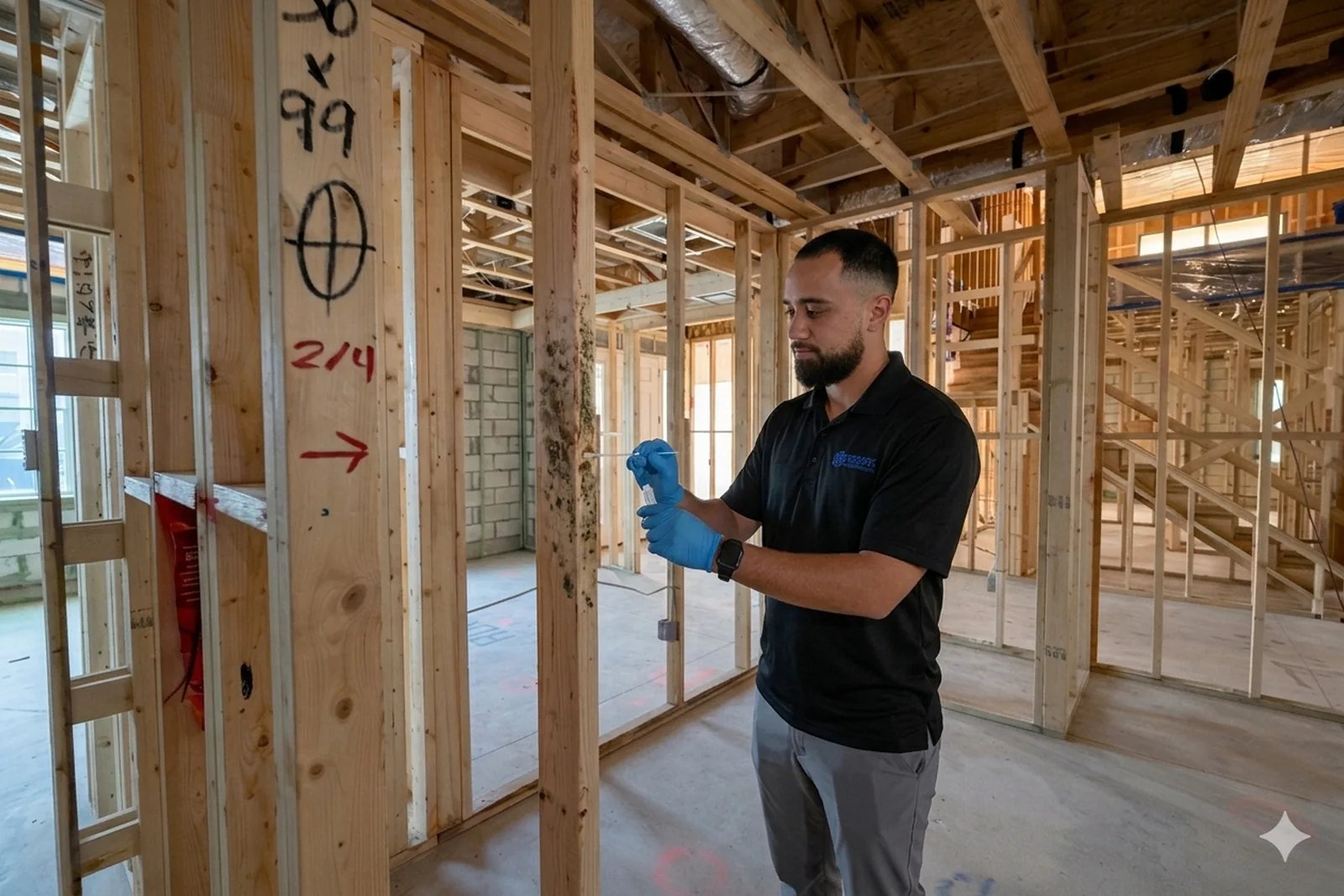 Daniel setting up an air sampling pump in a Central Florida residence
