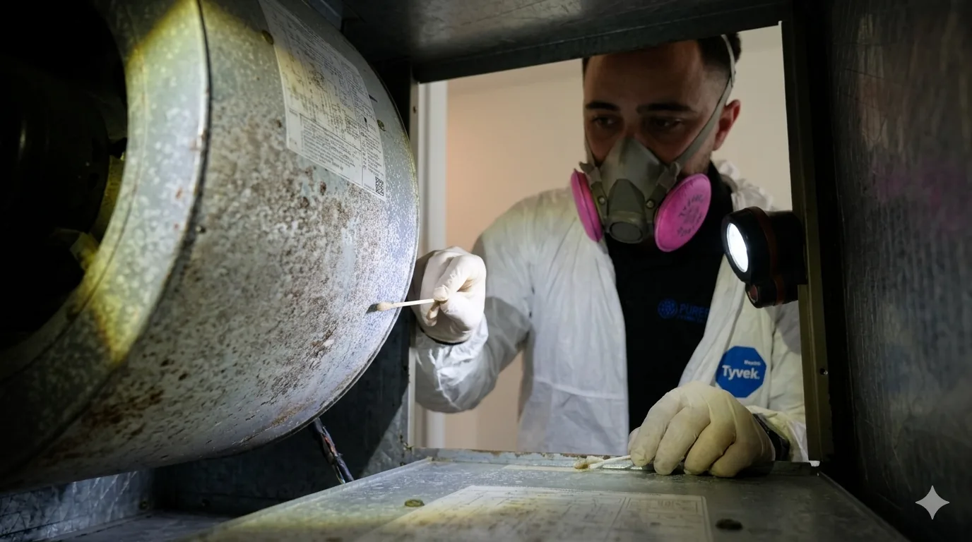 Microbiologist in a respirator swabbing mold on an HVAC blower housing during an HVAC health check
