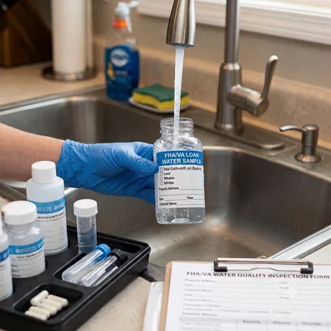 Gloved hand collecting a labeled FHA/VA loan water sample at a kitchen sink beside the inspection form