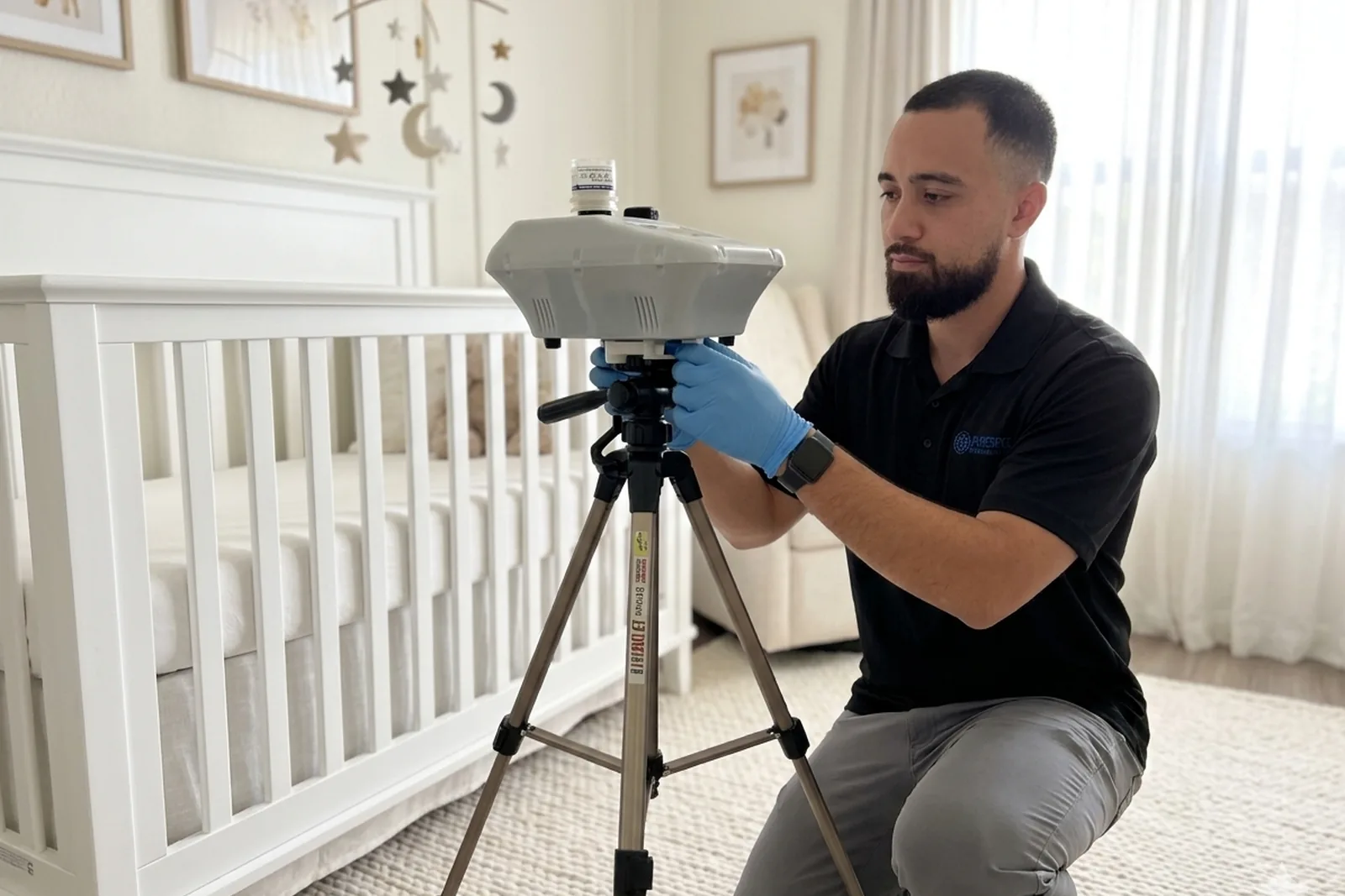 Daniel swabbing the interior of an HVAC air handler in Tyvek and respirator during a Florida HVAC health check