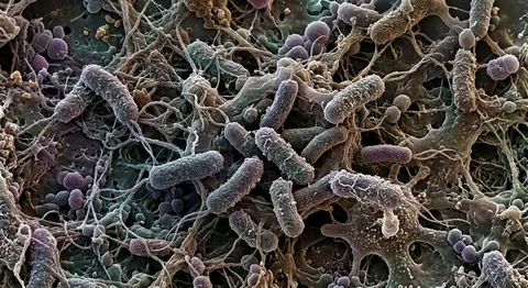 Colorized scanning-electron-microscope view of rod-shaped Legionella bacteria