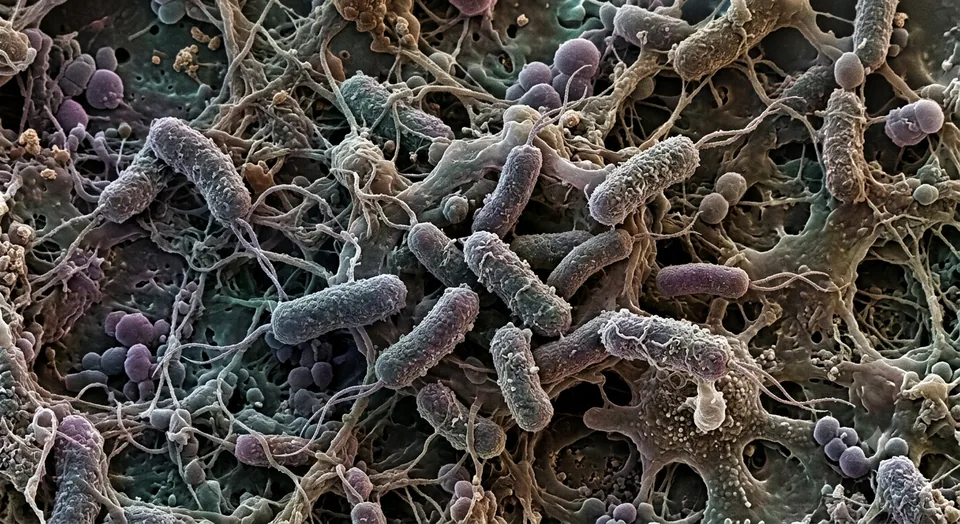 Colorized scanning-electron-microscope view of rod-shaped Legionella bacteria growing in a biofilm