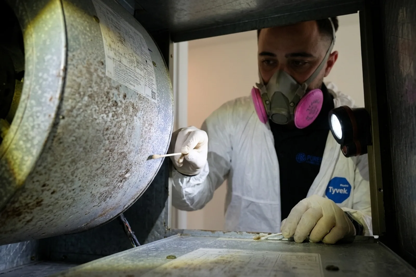 Daniel using a moisture meter on a water-stained baseboard during a limited-scope mold inspection