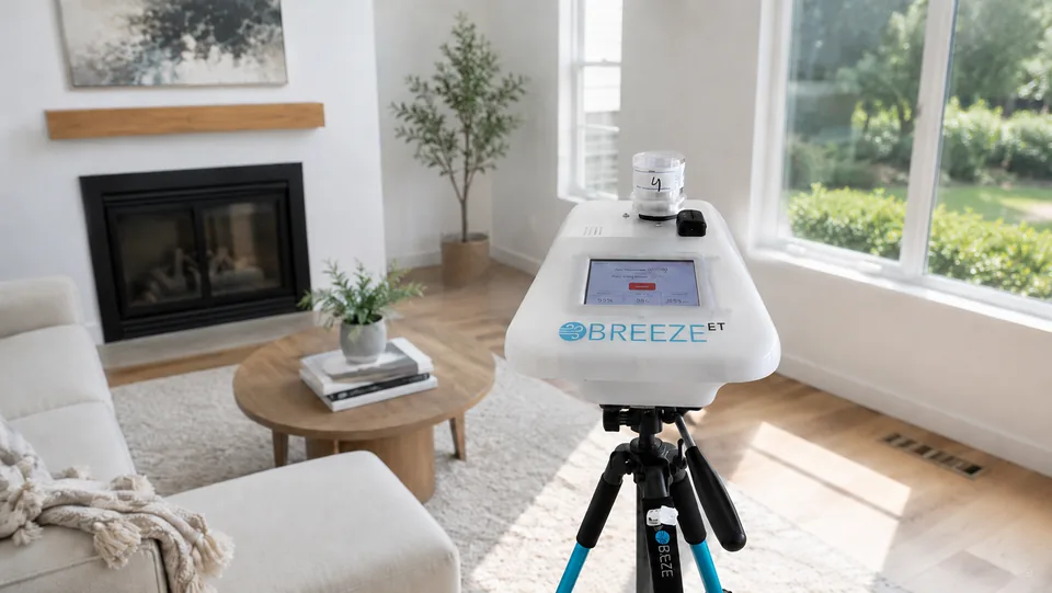 Breeze air-sampling instrument on a tripod collecting a mold air sample in a bright Florida living room