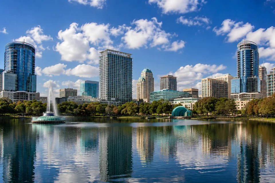 A Central Florida city skyline of high-rise towers behind a tree-lined lakefront park, with a fountain on the water