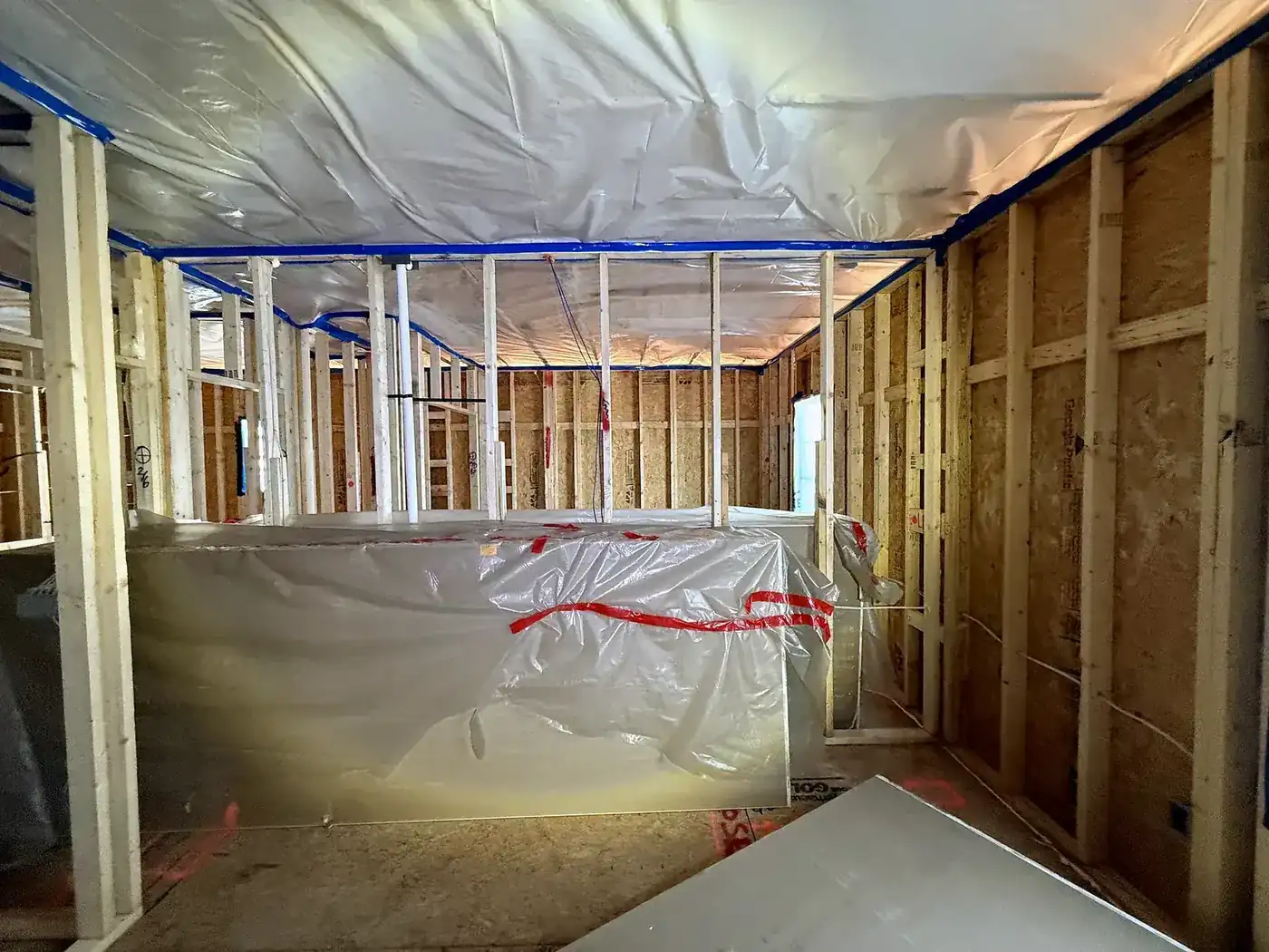 Interior wood framing and roof trusses documented during a pre-drywall mold inspection before drywall closes the walls