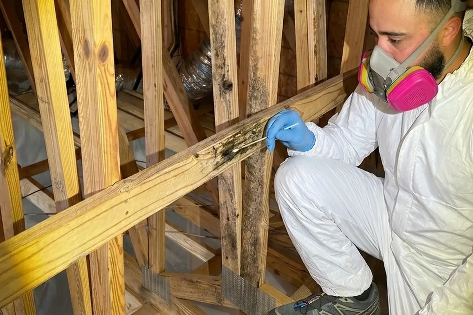 Daniel inspecting pre-drywall framing during a new-construction commercial mold assessment