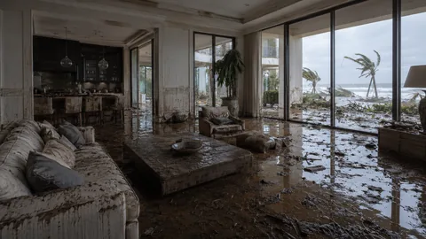 Flood-damaged Florida living room with standing water and mud after a storm