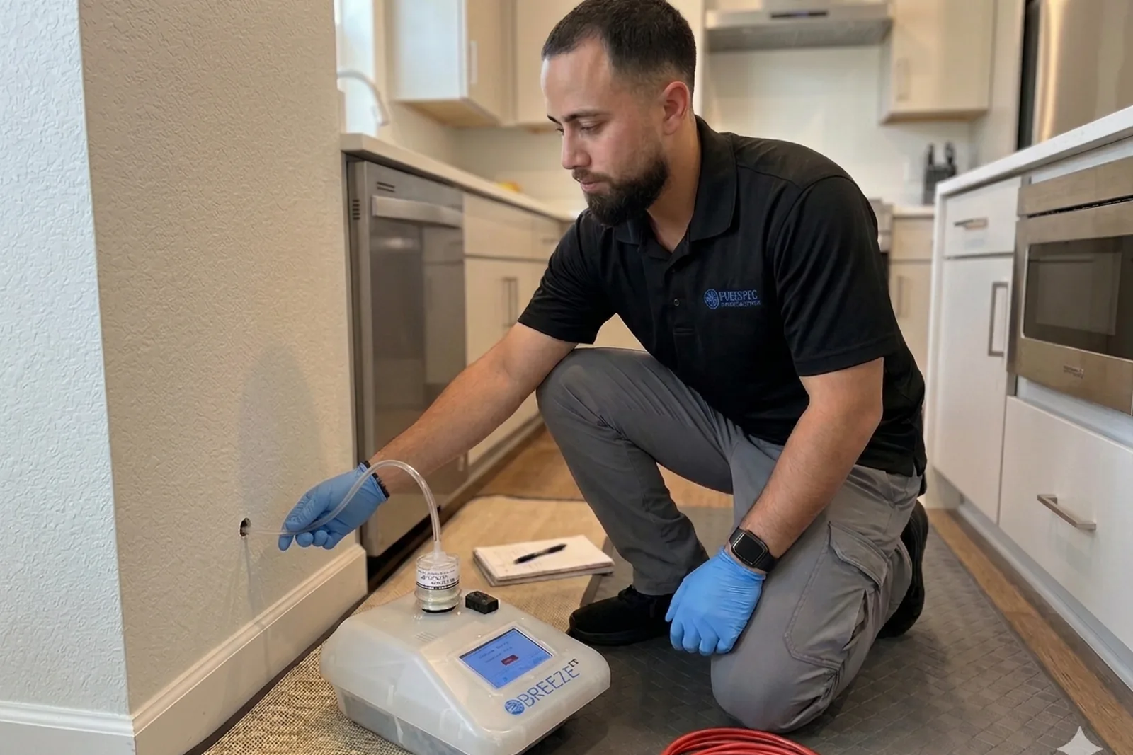 Daniel performing wall-cavity sampling during a tenant-friendly mold inspection